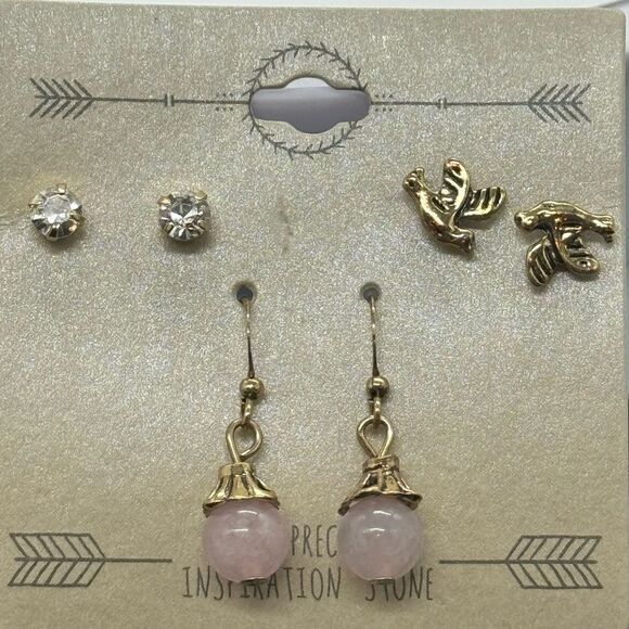 3 Pairs Semi Precious stone Gold Tone Post Earrings - Picture 3 of 4